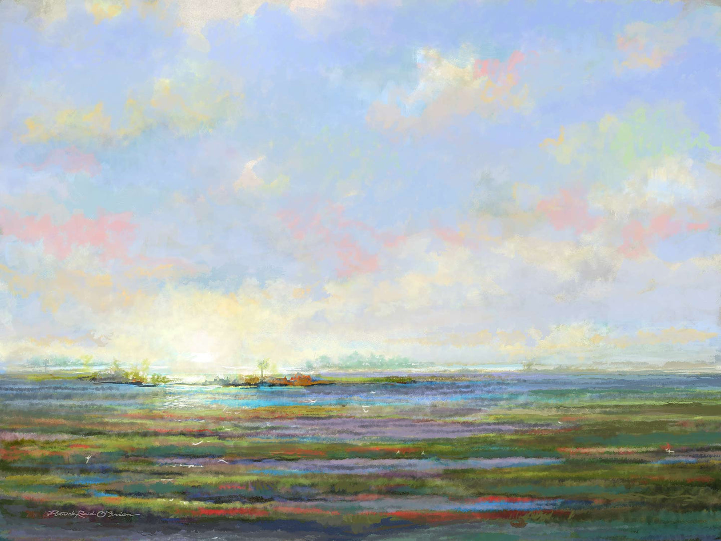 Painting of a landscape with a blue sky and green fields