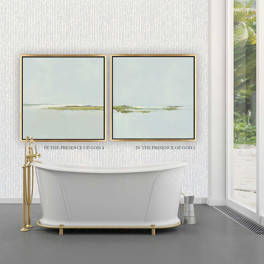 In the Presence of God No. 4 canvas wall art by Patrick Reid O’Brien bathroom scene paired with In The Presence 5 in soft green and blue coastal tones