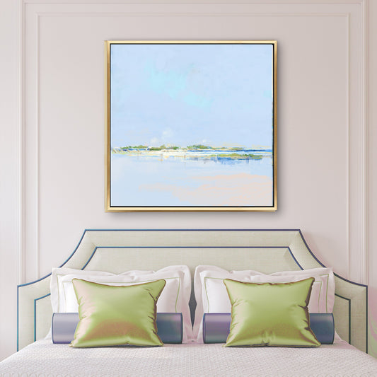 Luxe bedroom closeup with Into the Shallows minimalist Lowcountry coastal art by Patrick Reid O’Brien – soft blue and green landscape for peaceful interiors.