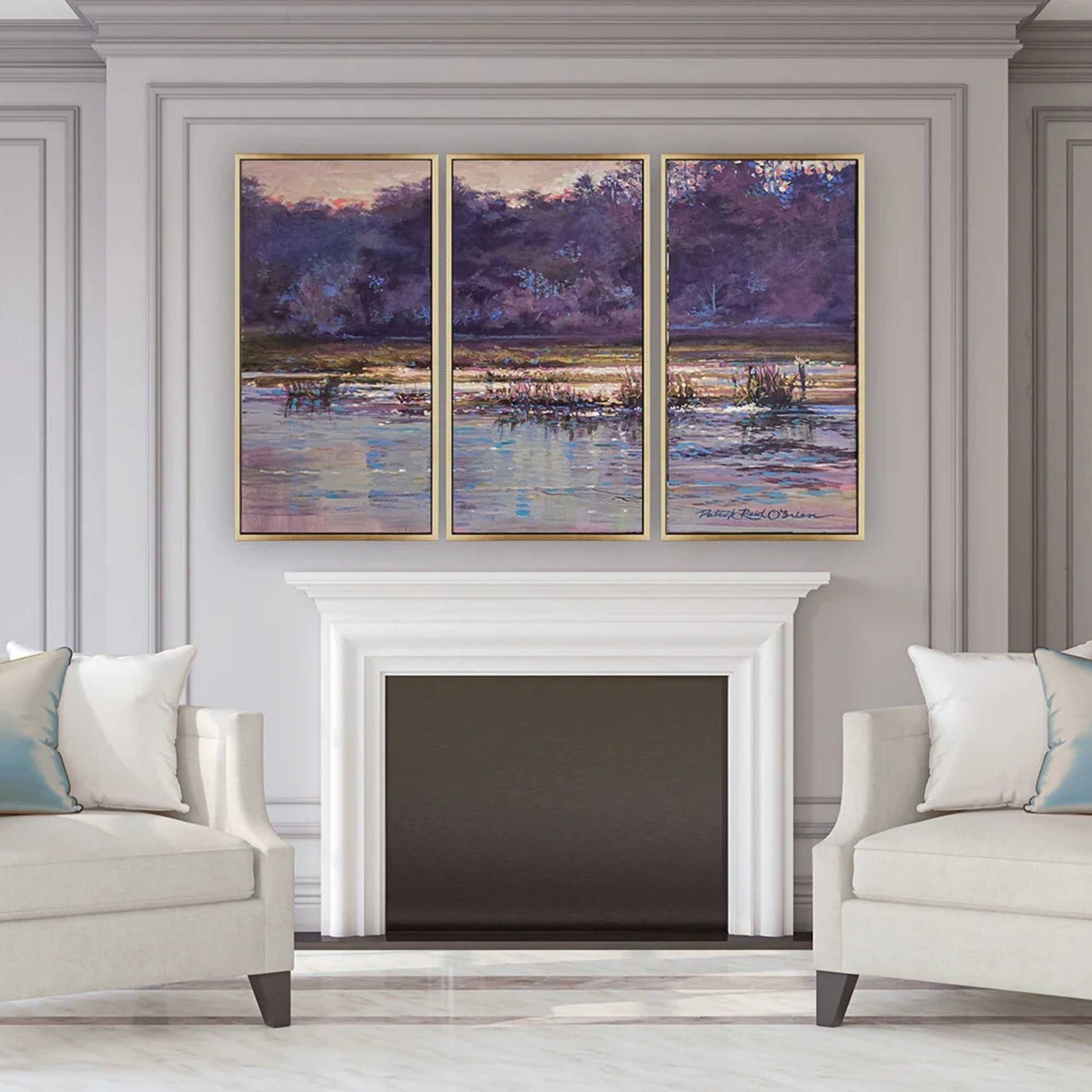 Triptych painting above a fireplace in a living room setting by Patrick Reid O'Brien.