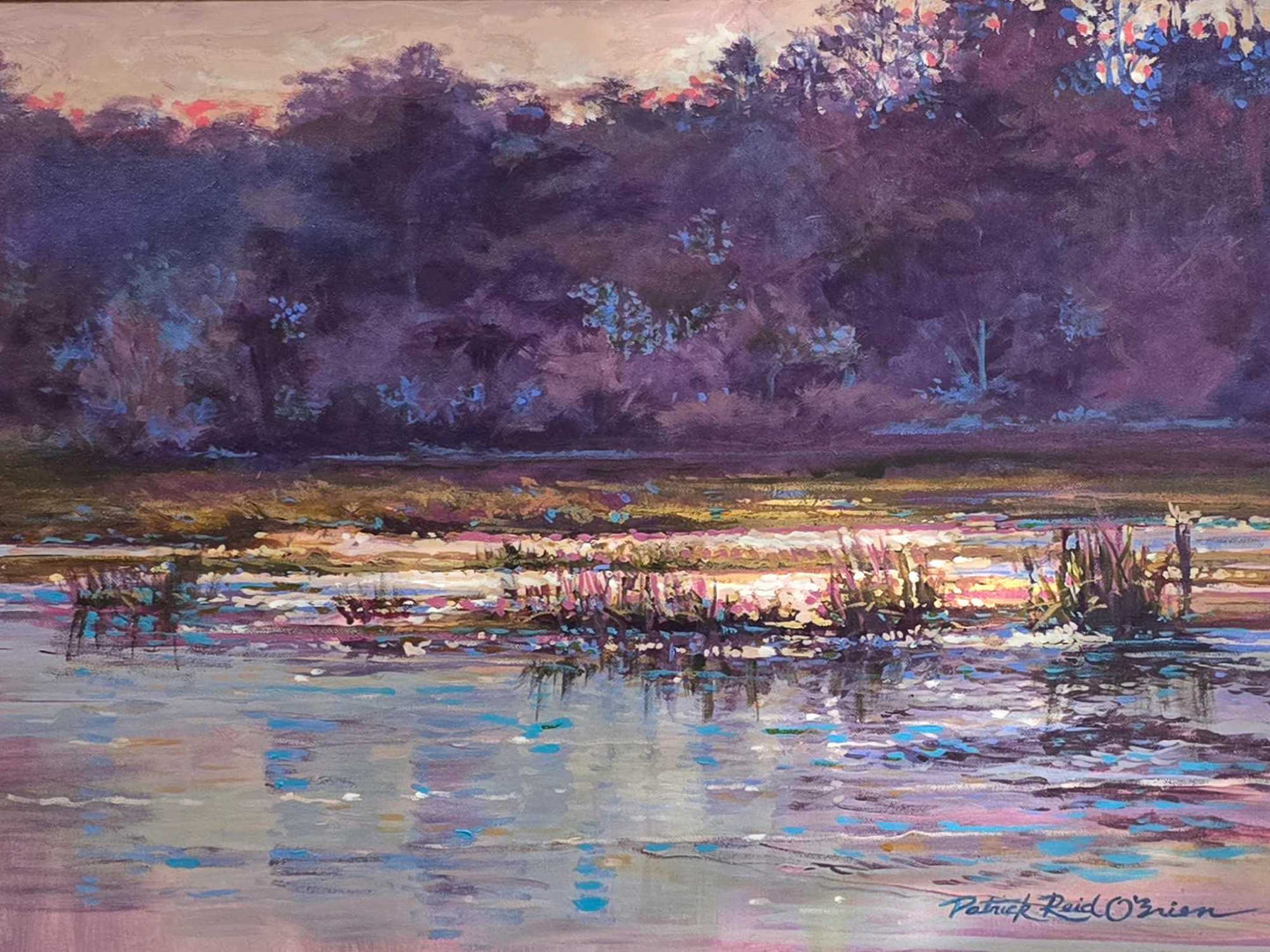 Painting of a serene landscape with a river, trees, and a sunset by Patrick Reid OBrien.