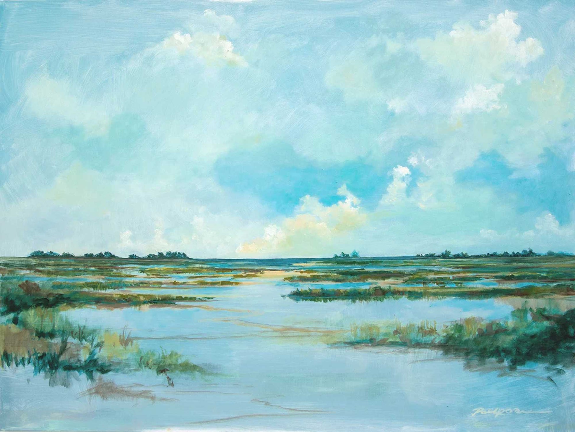 Painting of an impressionistic landscape with water, greenery, and a blue sky by Patrick Reid OBrien.