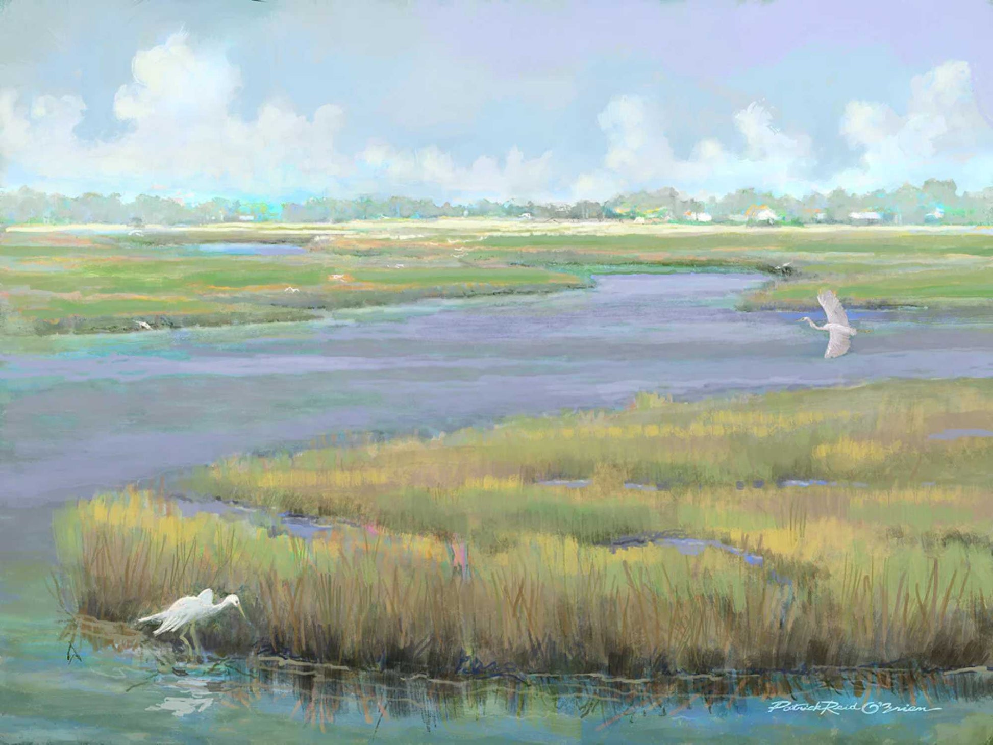 Scenic painting of a marsh with birds and reeds by American Artist Patrick Reid O'Brien.