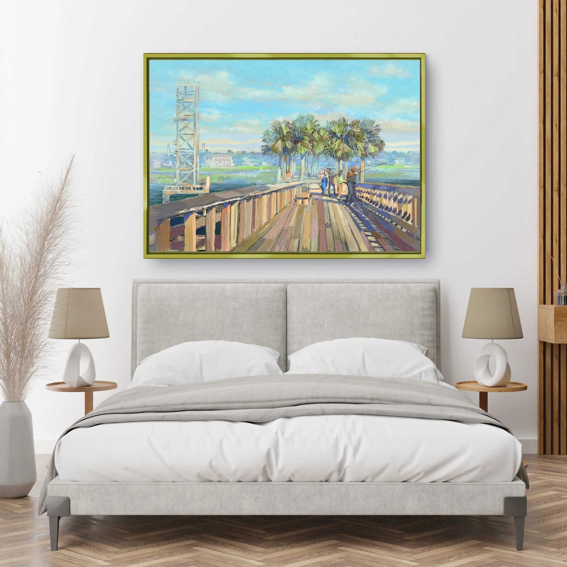 Bedroom with a large painting of Pitt Street Boardwalkboardwalk scene above a bed.