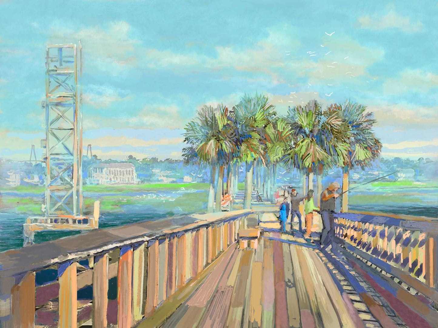 Painting of a pier with people and palm trees under a blue sky.