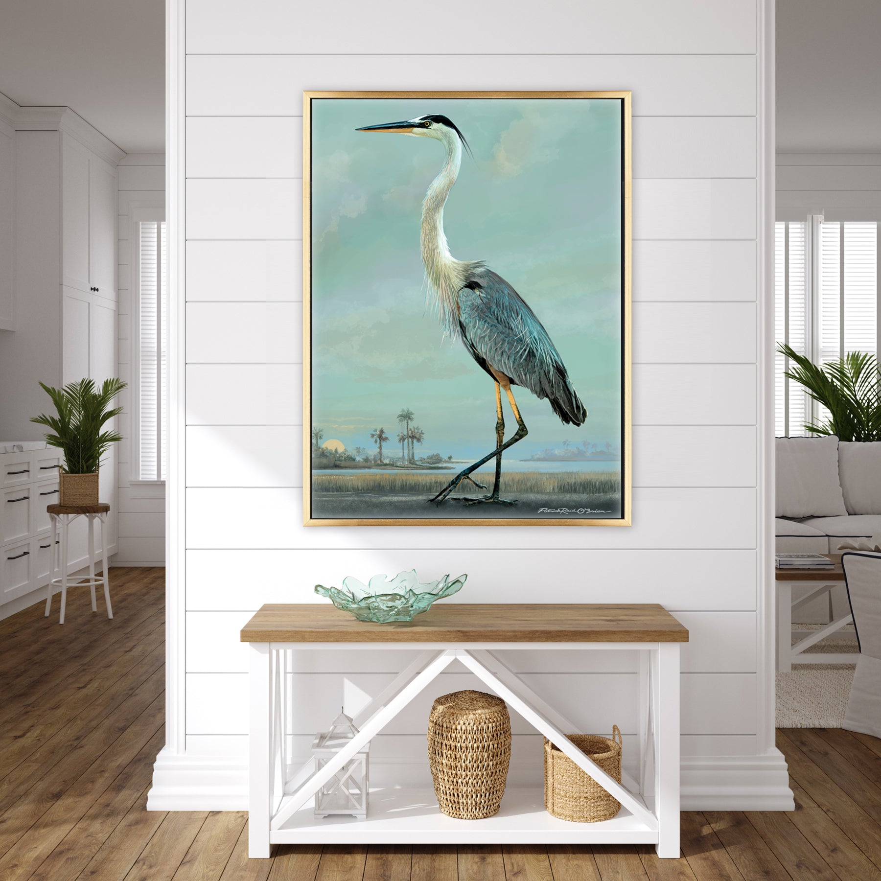 Blue Heron coastal bird canvas art by Patrick Reid O’Brien – teal sky and umber marsh called Love me do.