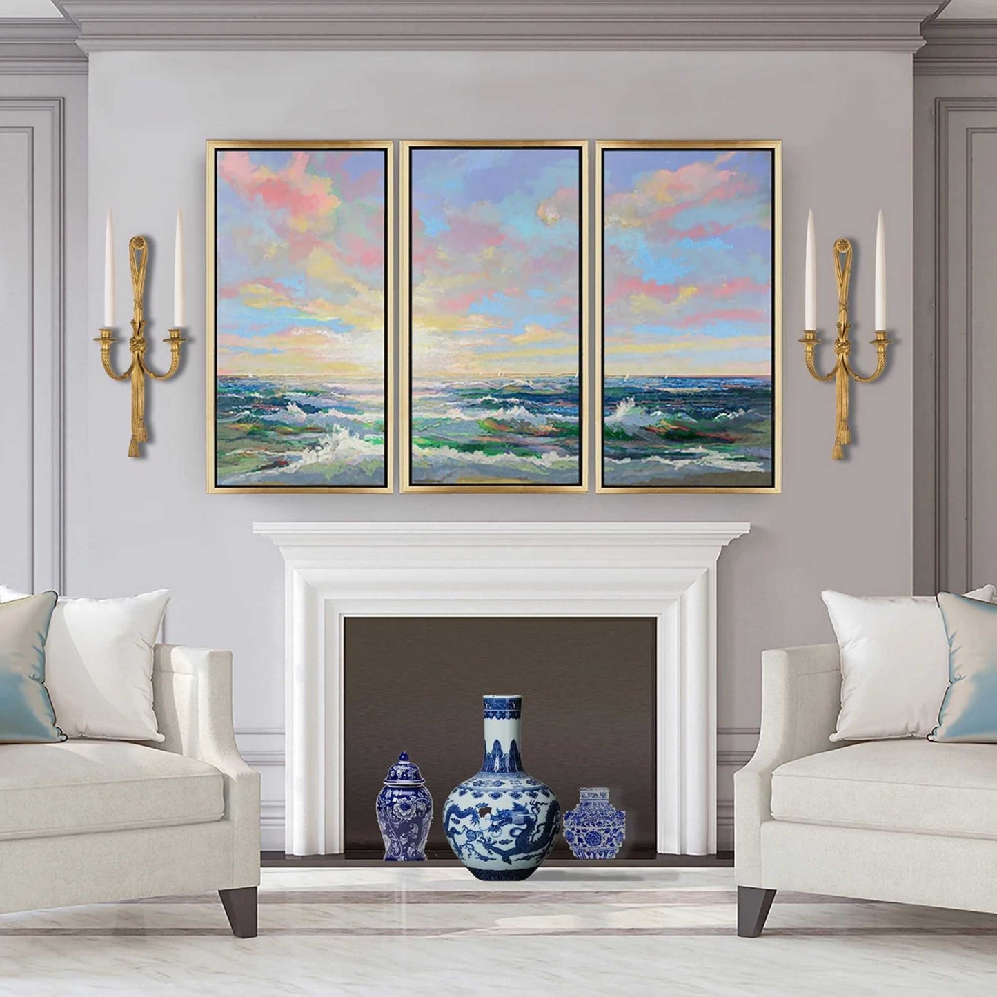 Living room with a fireplace, decorative vases, and framed artwork on the wall.