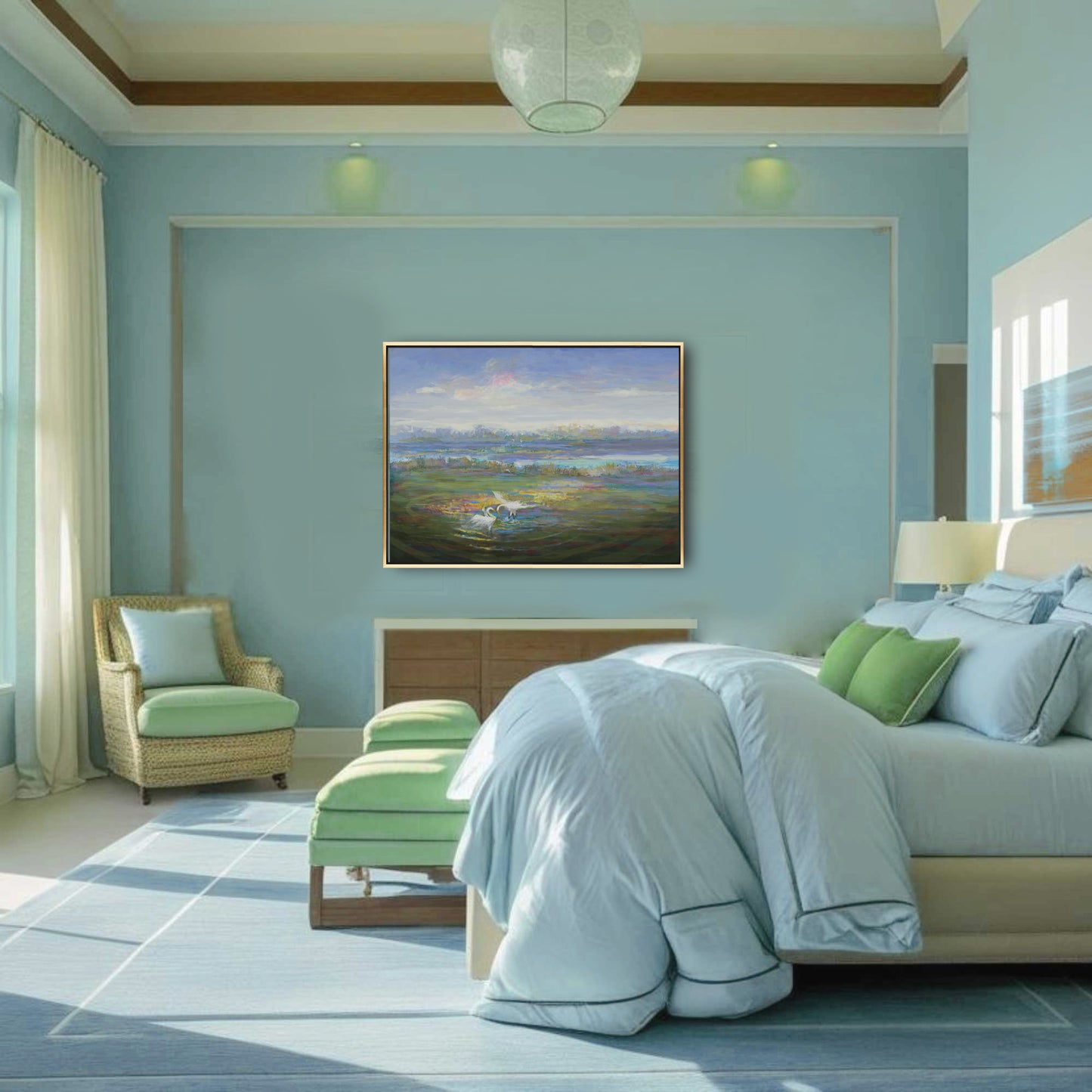 Modern bedroom with light blue walls, a bed with green and white bedding, and a painting on the wall.