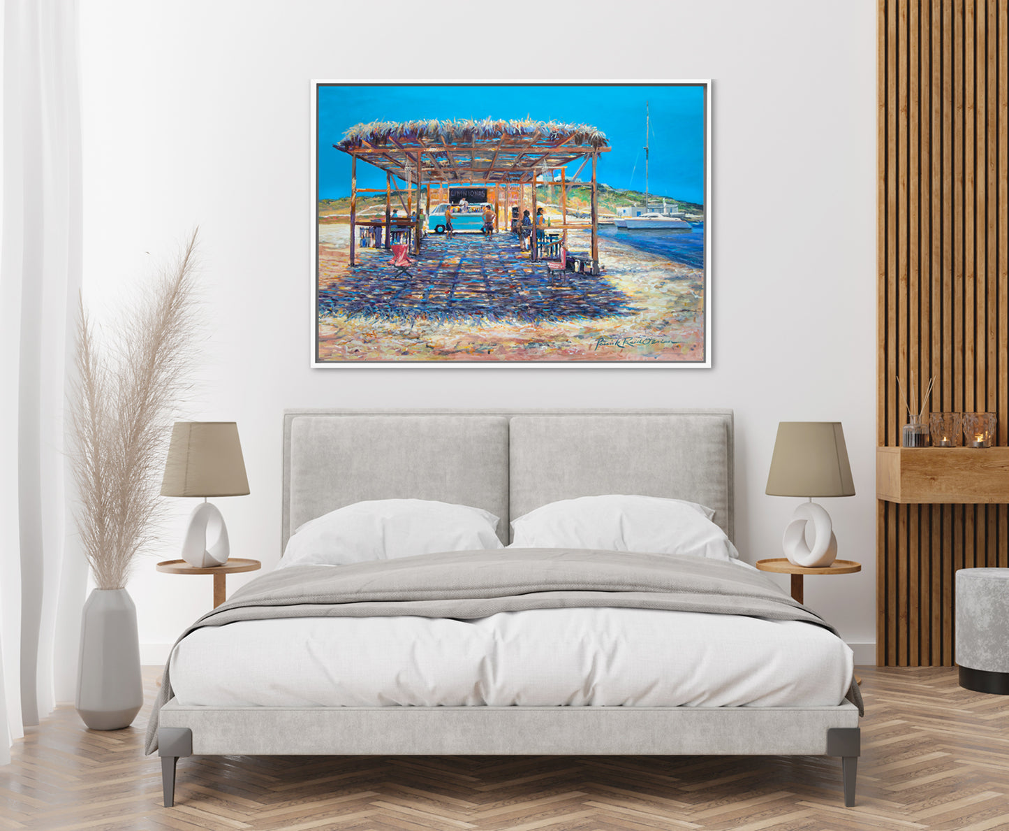 Coastal Bedroom with Blue artwork over headboard 