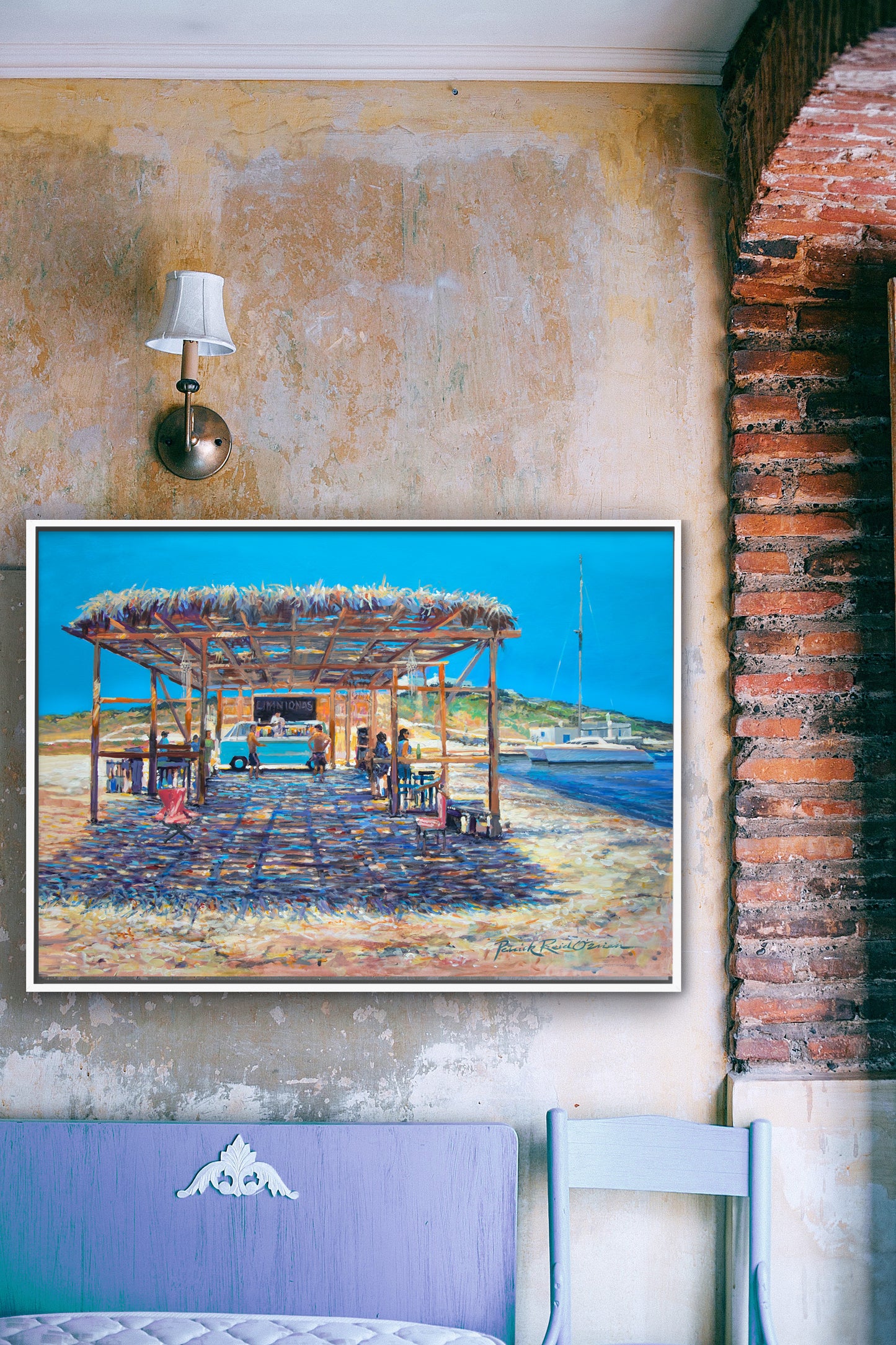 A rustic hallway with Boat Drinks art hanging over a blue bench