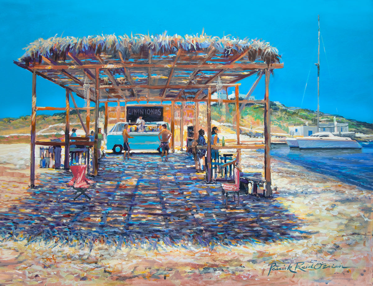 A colorful artistic representation of a seaside bar with people, umbrellas, and a boat in the background, set against a blue sky and ocean.