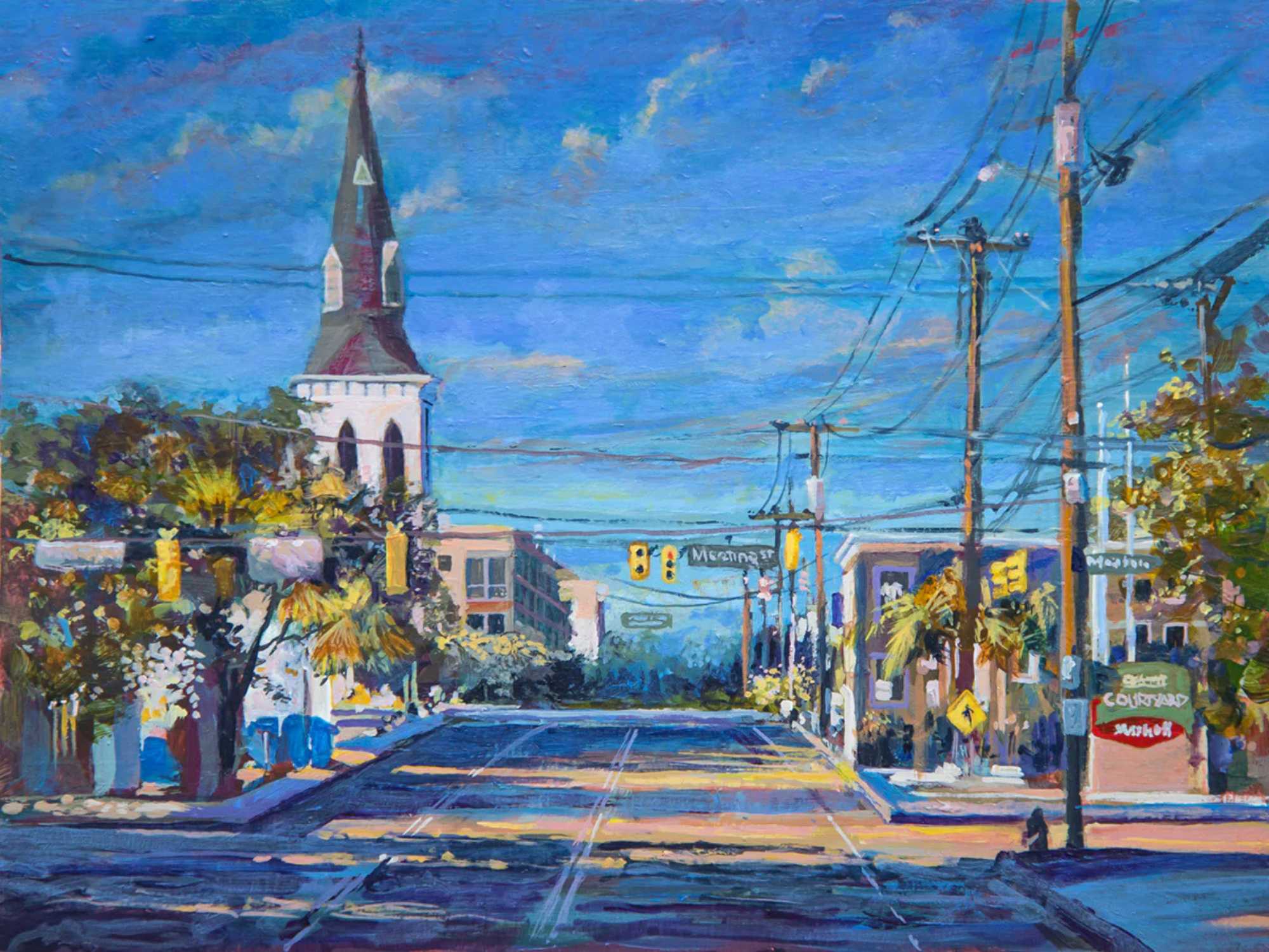 Vivid Blue Painting by Patrick Reid O'Brien of a Charleston street with a Emannuel Methodist church steeple and power Cables, street lights. l