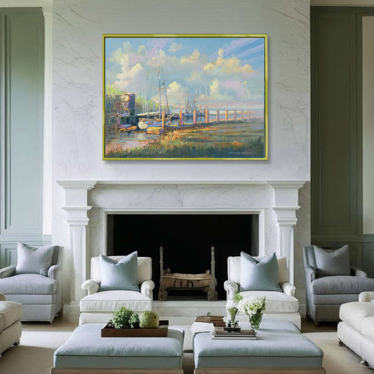 Living room with a fireplace, chairs, and a large painting of a landscape.
