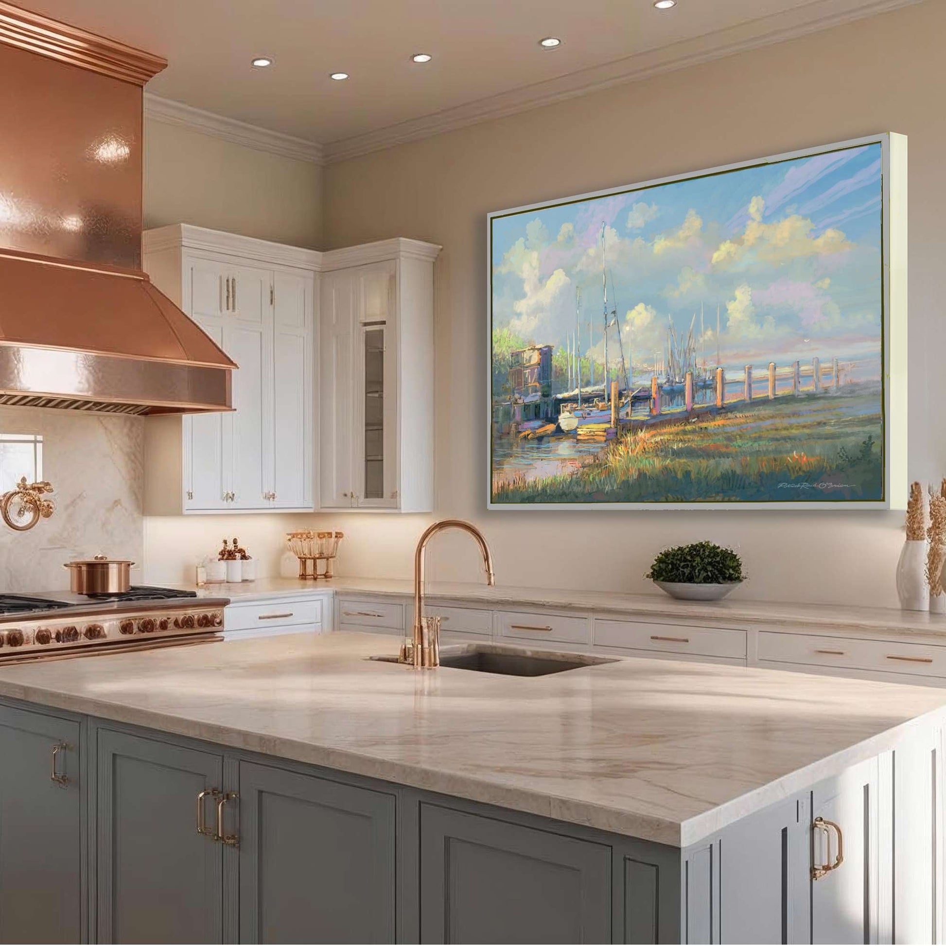 Modern kitchen with copper hood and sink, featuring a large painting of a dock scene on the wall.
