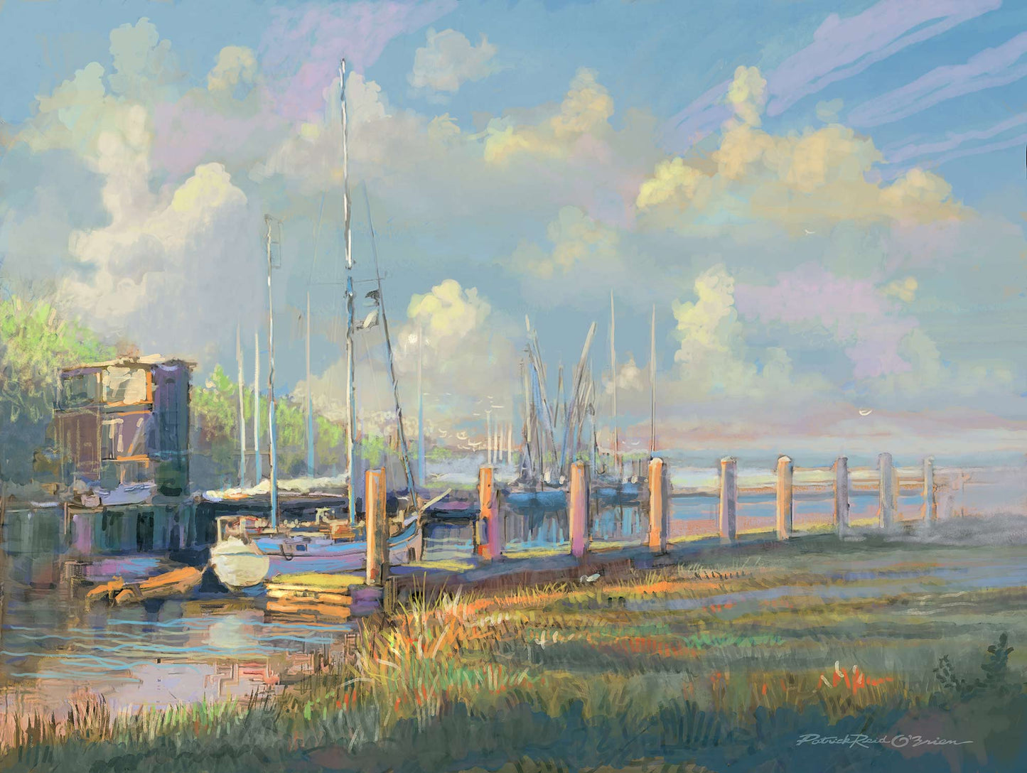 Painting of a harbor scene with boats and a dock under a colorful sky.