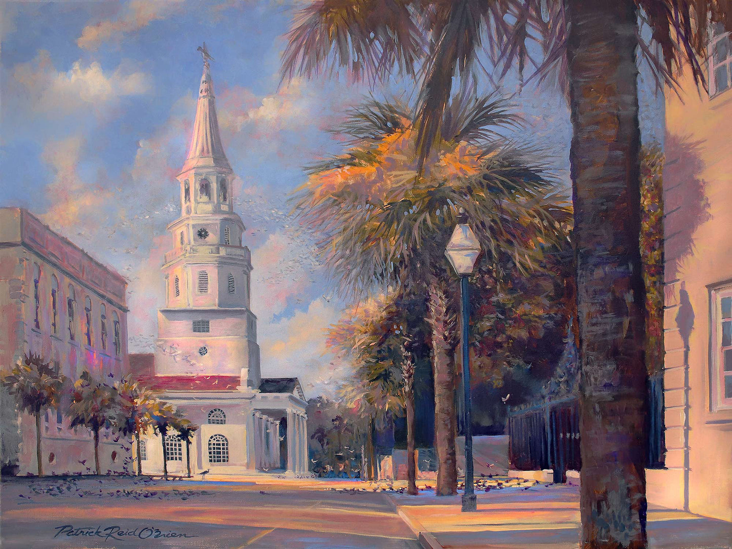 Painting of a Charleston street scene with palm trees, a church steeple, and a lamppost.