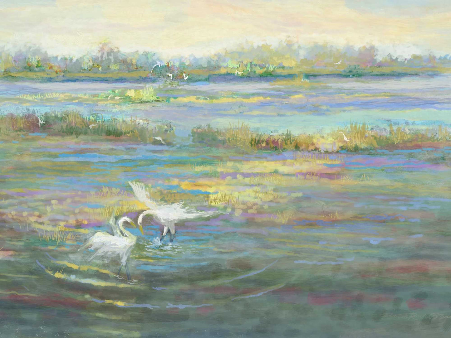Two egrets on a body of water with a colorful landscape in the background