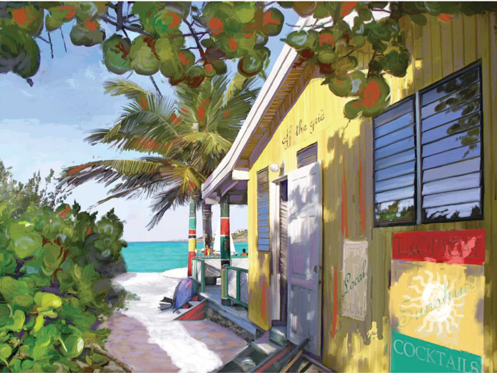 Colorful beach hut with tropical scenery and ocean view