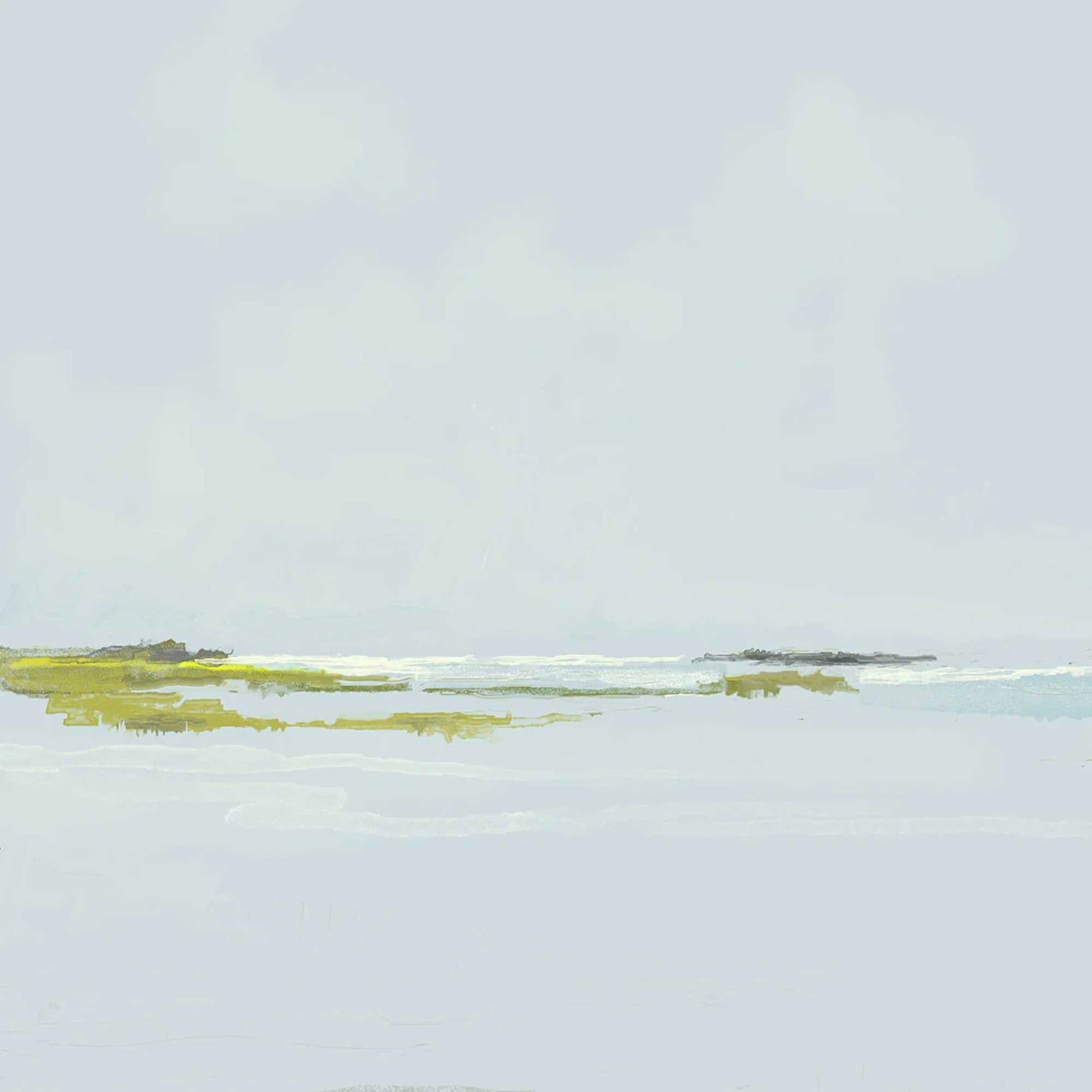 Isolated island with green vegetation on a light blue water backgroundIn the Presence of God 5, Peaceful Marsh Light, Charleston Art by Patrick Reid O’Brien