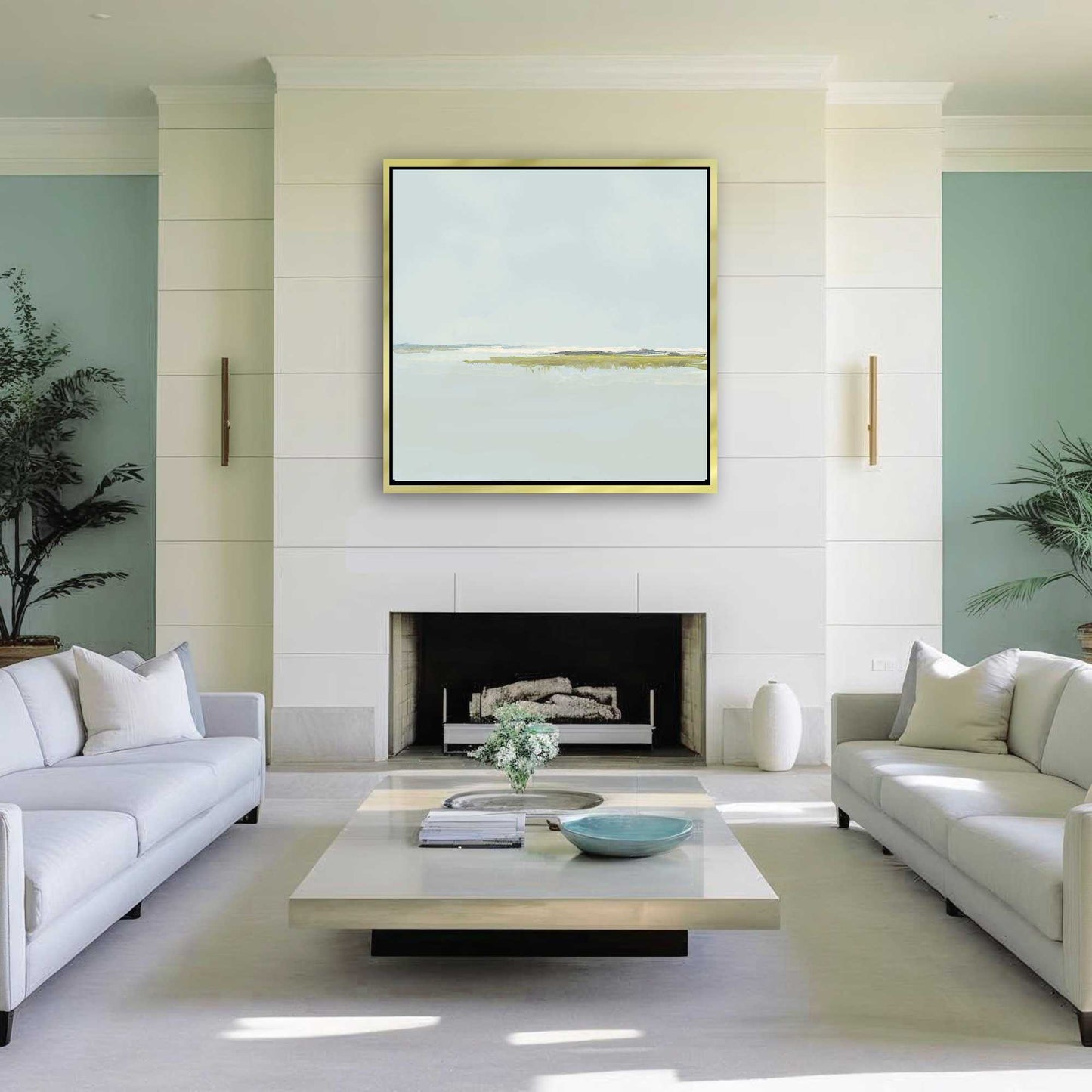 In the Presence of God No. 4 canvas wall art by Patrick Reid O’Brien , serene Lowcountry marsh landscape in soft green and blue coastal tones in a luxury space.