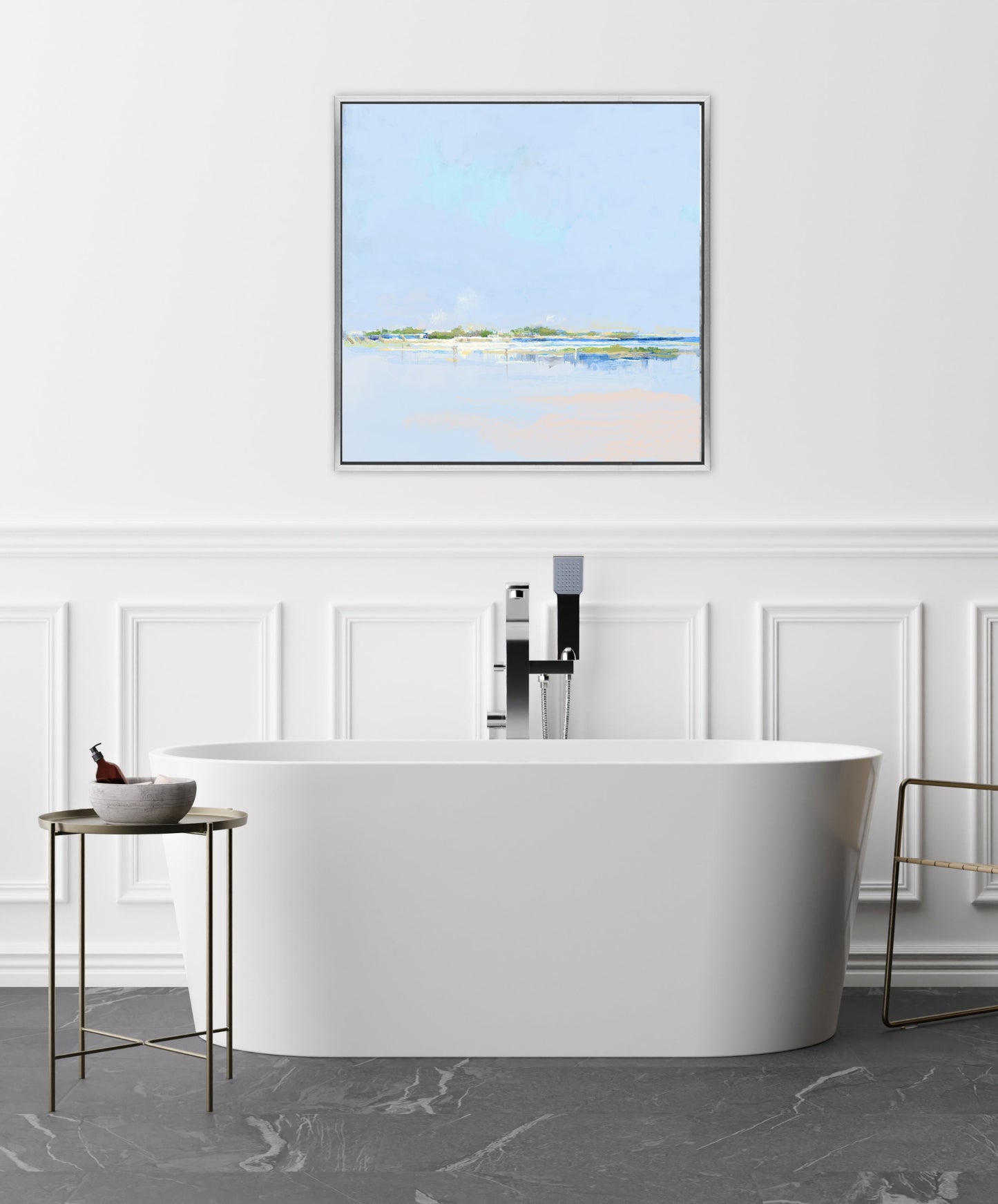 Modern bathroom with Into the Shallows minimalist Lowcountry coastal art by Patrick Reid O’Brien – soft blue and green landscape for peaceful interiors.