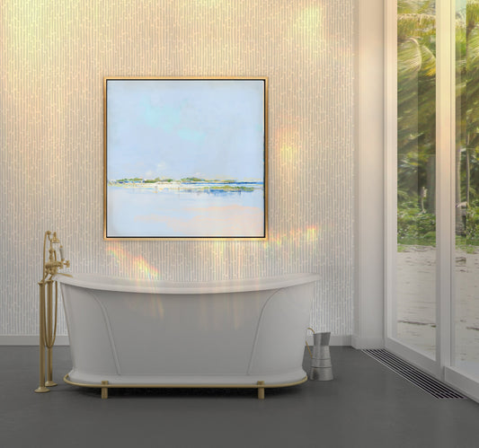 Modern bathroom with Into the Shallows minimalist Lowcountry coastal art by Patrick Reid O’Brien