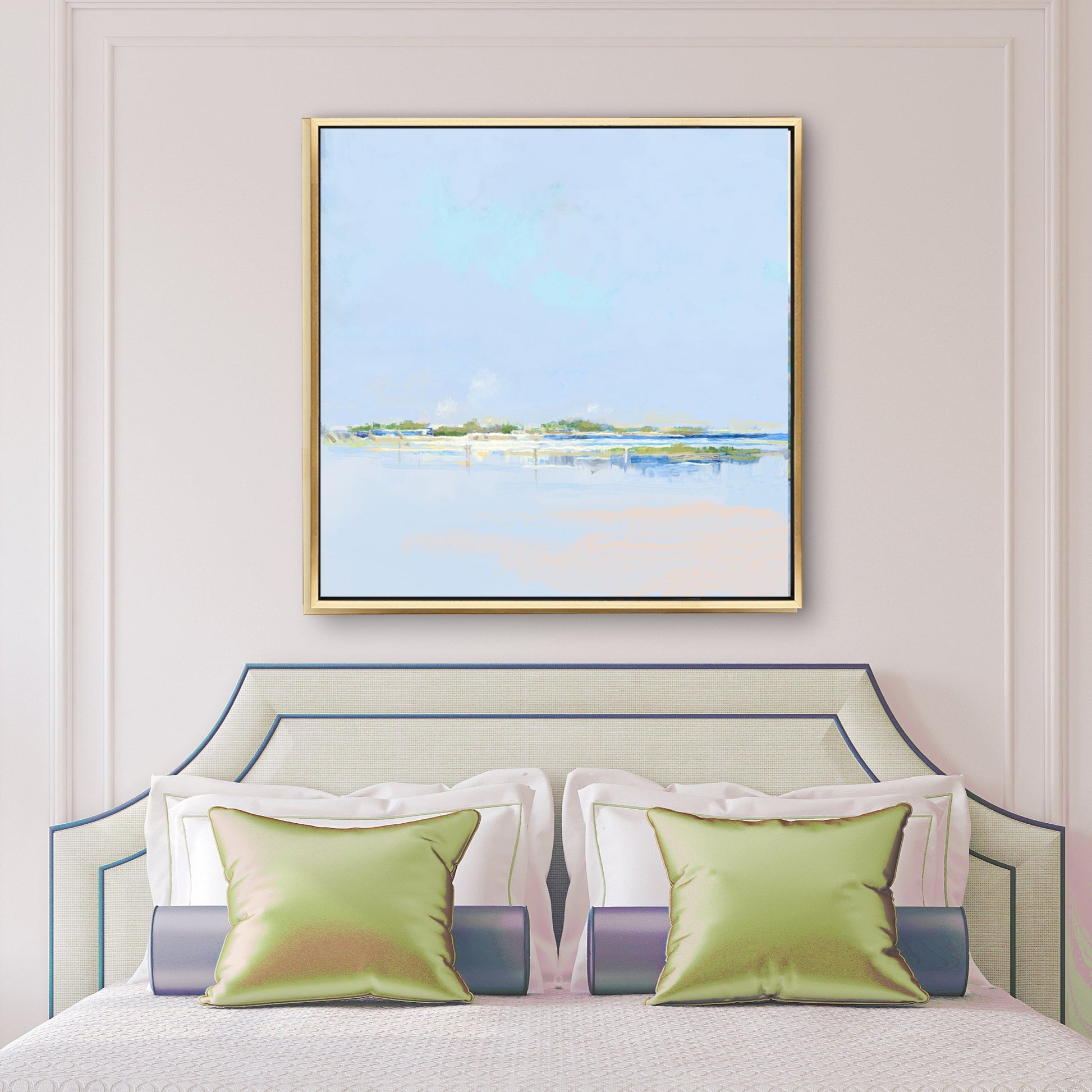 Luxe bedroom closeup with Into the Shallows minimalist Lowcountry coastal art by Patrick Reid O’Brien – soft blue and green landscape for peaceful interiors. 