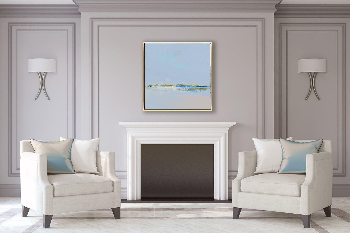 Above the fireplace hangs Into the Shallows, a  minimalist Lowcountry coastal art by Patrick Reid O’Brien – soft blue and green landscape for peaceful interiors.