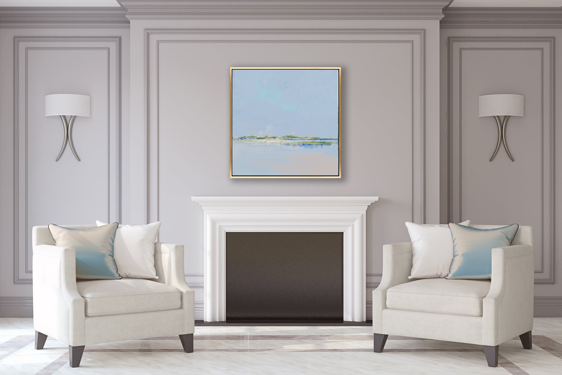 Above the fireplace hangs Into the Shallows, a  minimalist Lowcountry coastal art by Patrick Reid O’Brien – soft blue and green landscape for peaceful interiors.