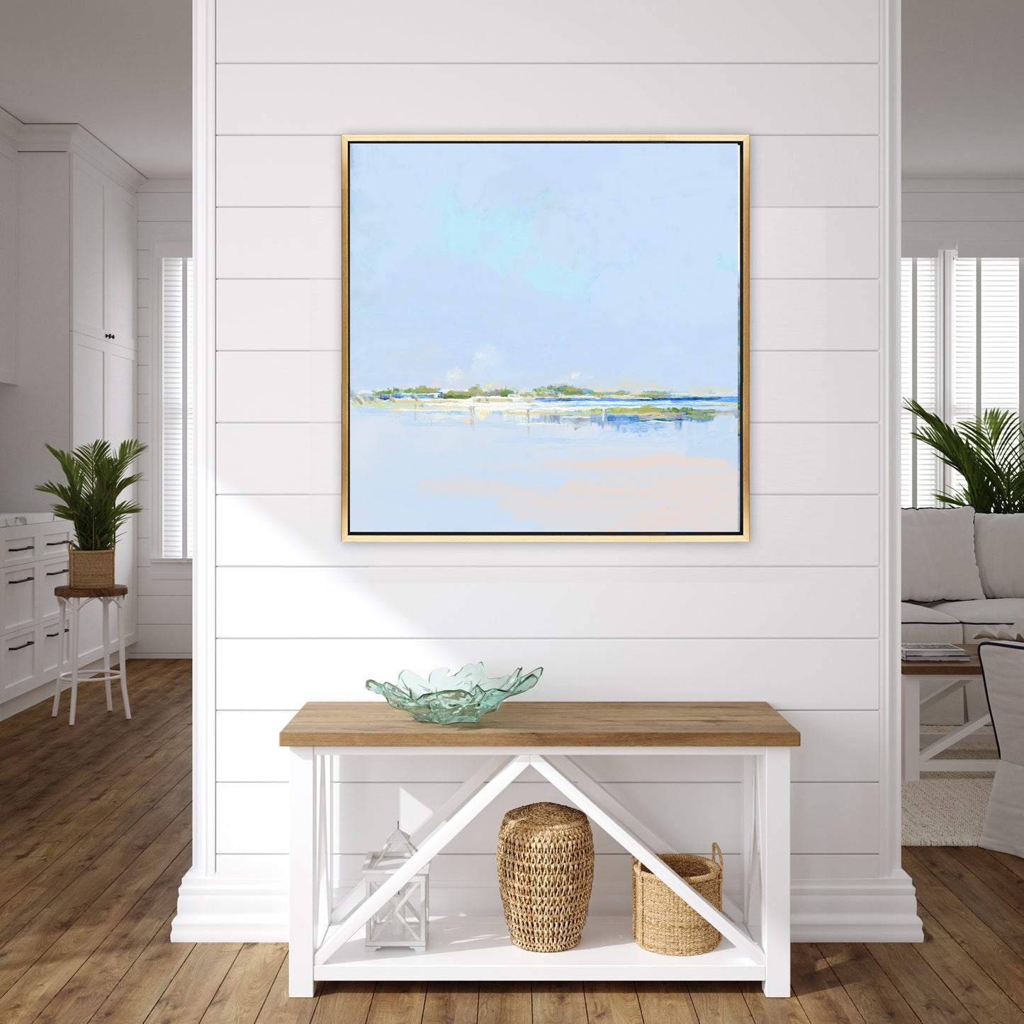Into the Shallows by Patrick Reid O’Brien — minimalist Lowcountry art in soft blues and greens. Hung In A hallway
