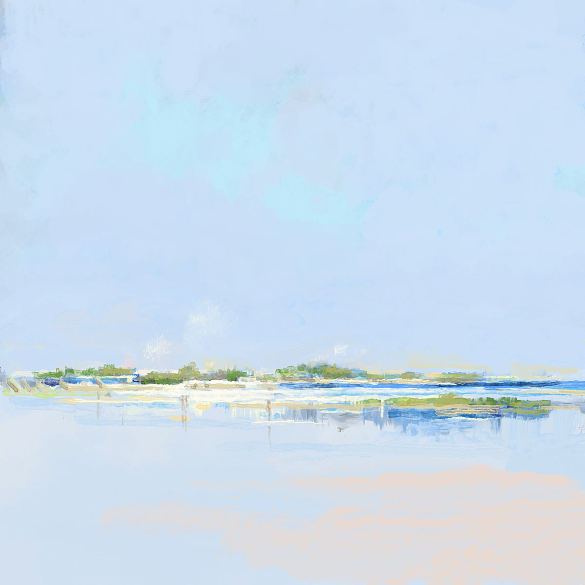 Into the Shallows minimalist Lowcountry coastal art by Patrick Reid O’Brien – soft blue and green landscape for peaceful interiors