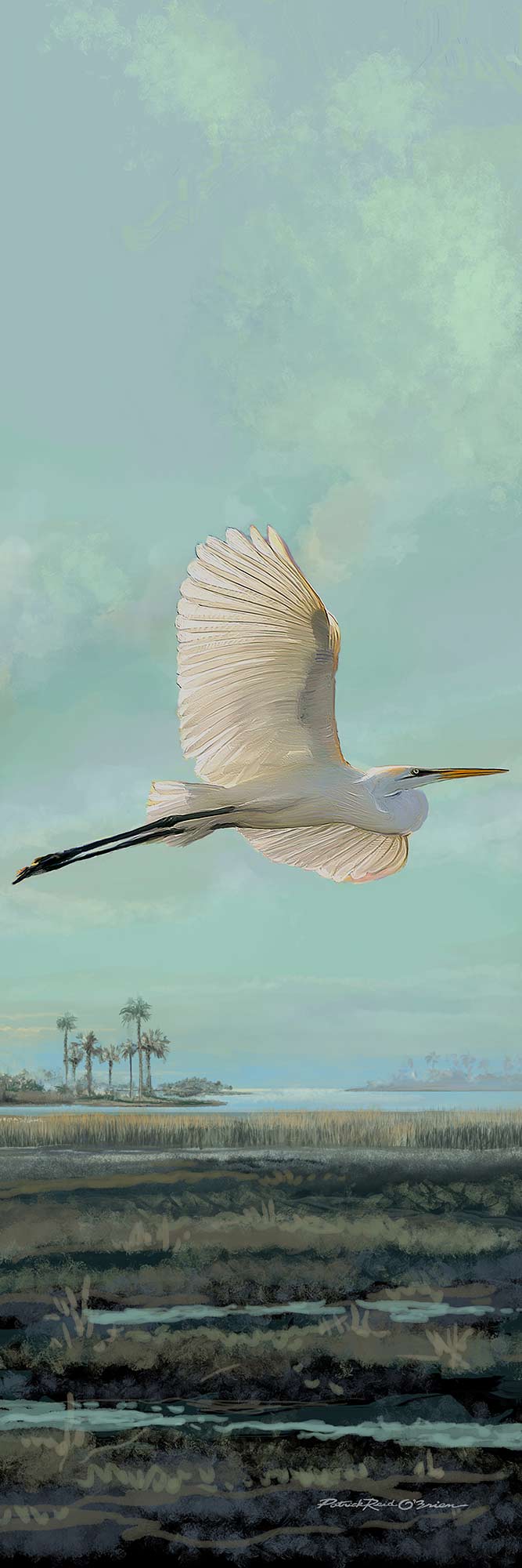 White egret flying over a coastal landscape with palm treesin a long skinny format for unique spaces. 12 x 36 , 16 x 48 .