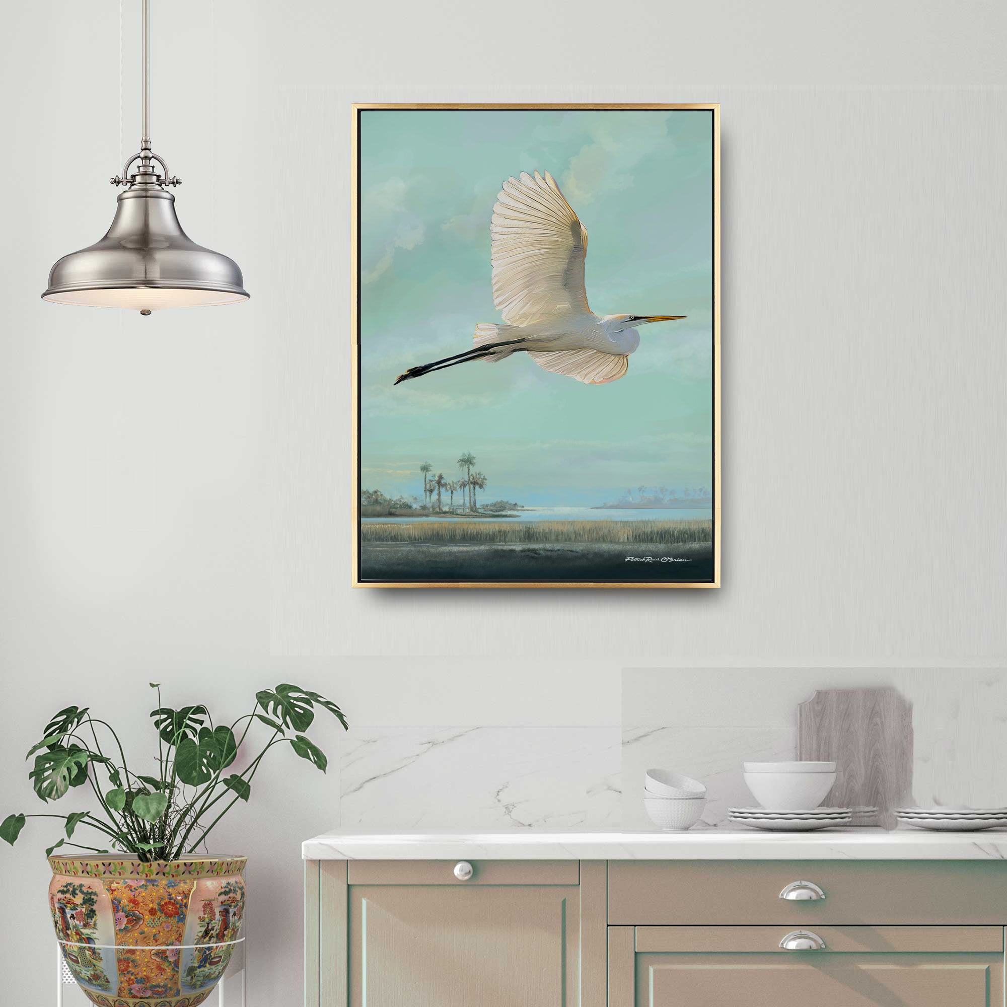 The Snowy Egret coastal bird canvas art by Patrick Reid O’Brien in elegant kitchen wall.