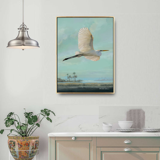 The Snowy Egret coastal bird canvas art by Patrick Reid O’Brien in elegant kitchen wall.