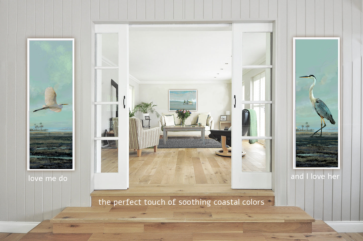 Love Me Do- Snowy Egret-skinny version with And I love  Her -Heron  by Patrick Reid O’Brien. Used for symmetry