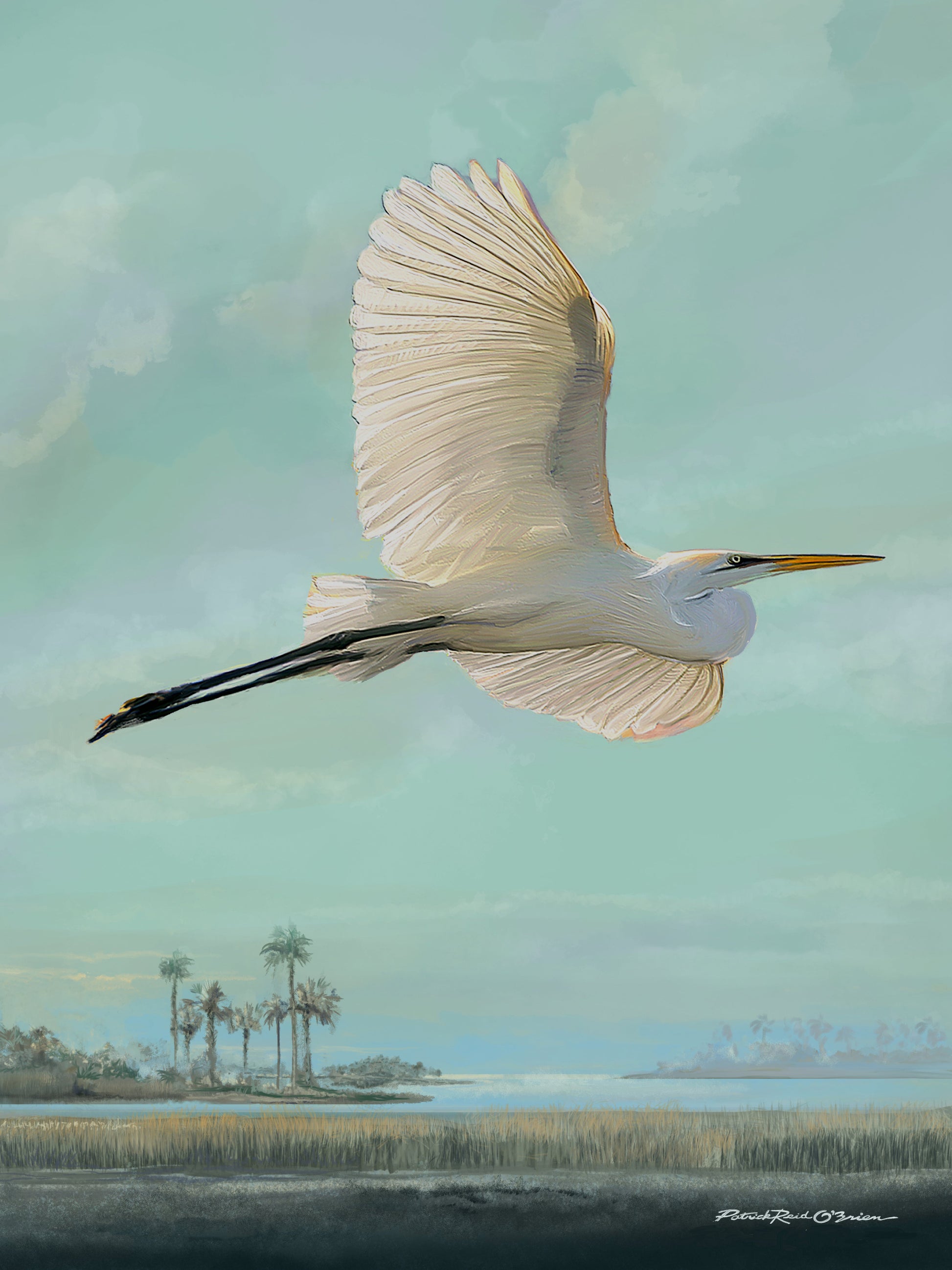 The Snowy Egret by Patrick Reid O’Brien — graceful Lowcountry bird art in white and blue tones. Coastal elegance in canvas or paper print.