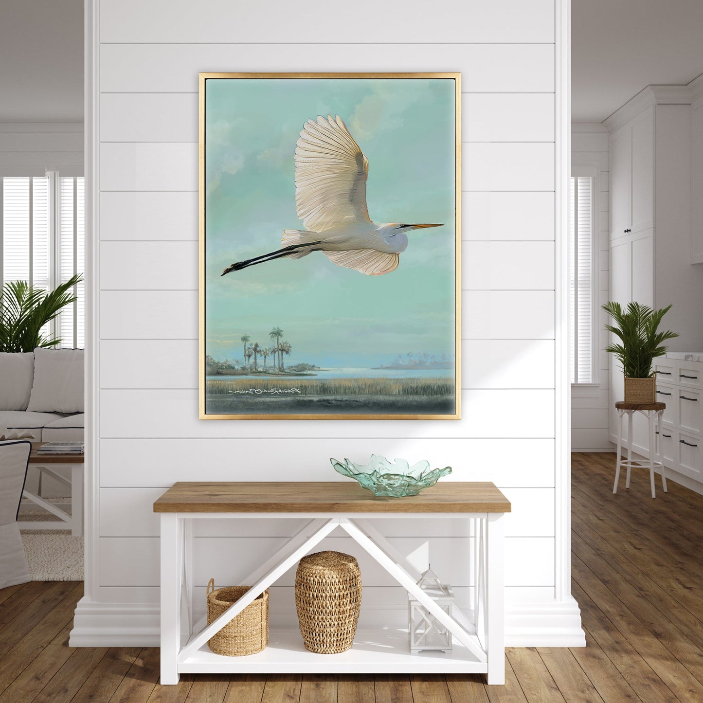 The Snowy Egret coastal bird canvas art by Patrick Reid O’Brien – elegant coastal hallway.