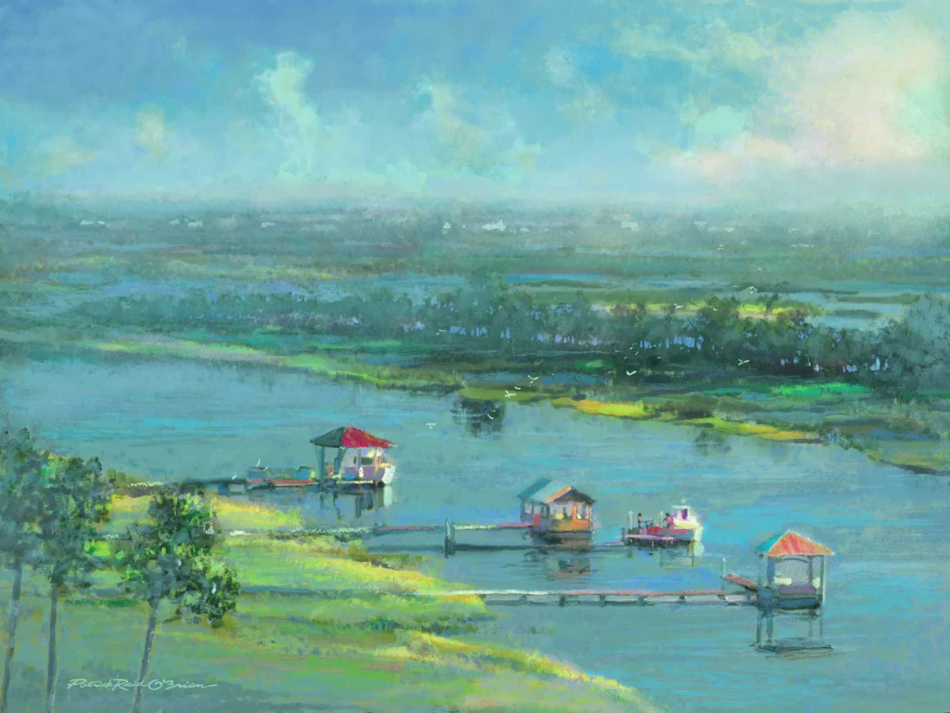 Painting of a serene riverside scene with longdocks and small buildings.