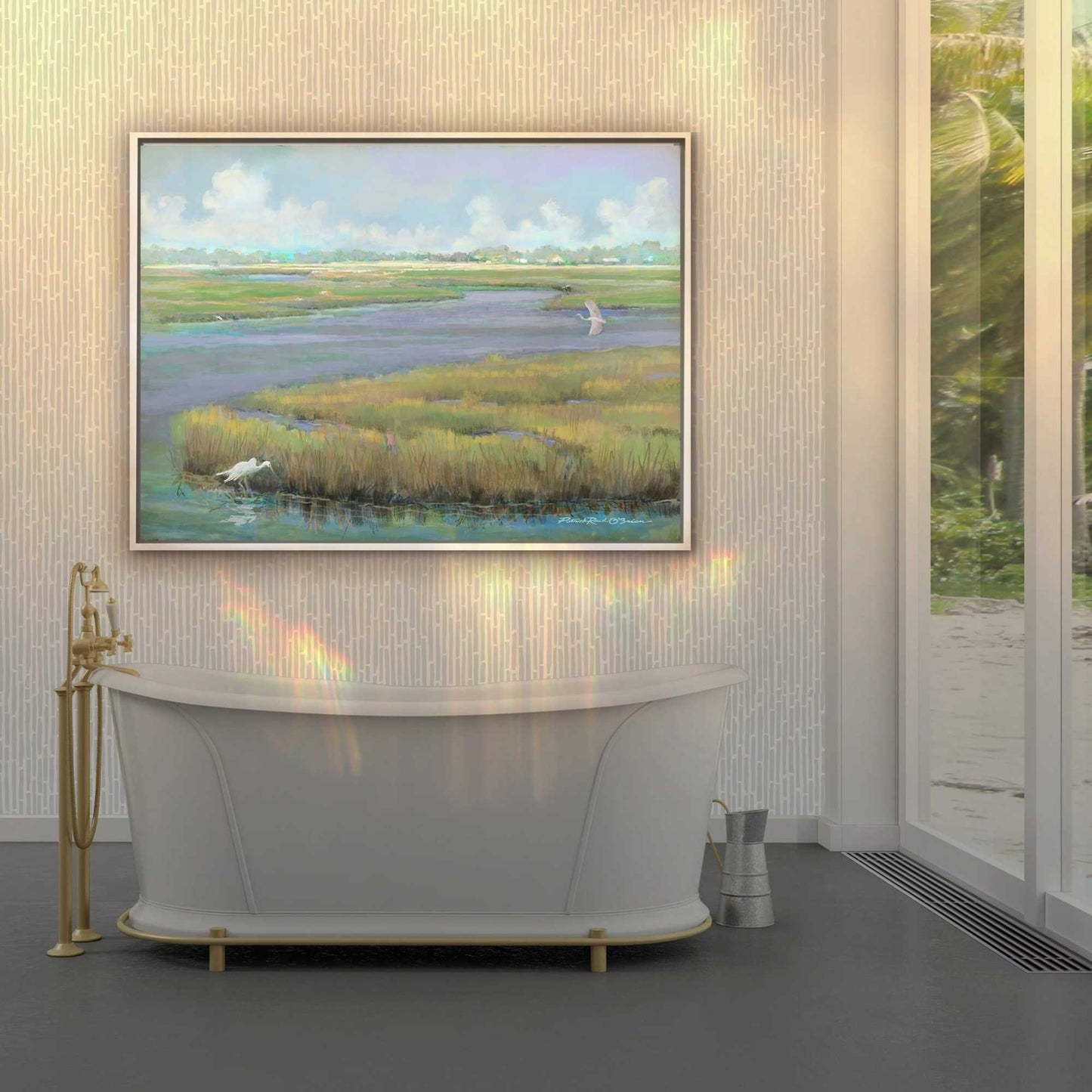 Modern bathroom with a freestanding bathtub and a scenic coastal marsh painting by Patrick Reid O'Brien on the wall.