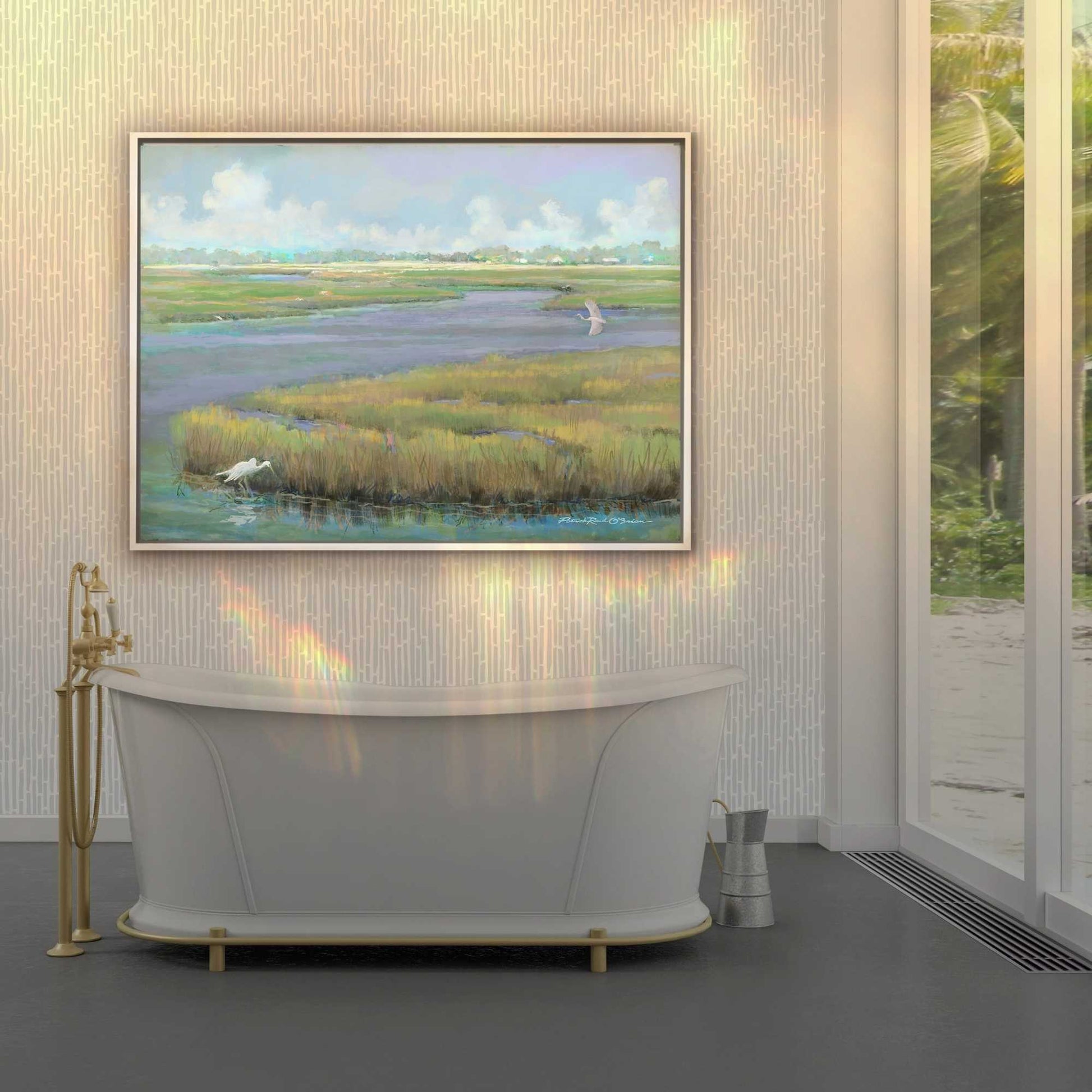 Modern bathroom with a freestanding bathtub and a scenic coastal marsh painting by Patrick Reid O'Brien on the wall.