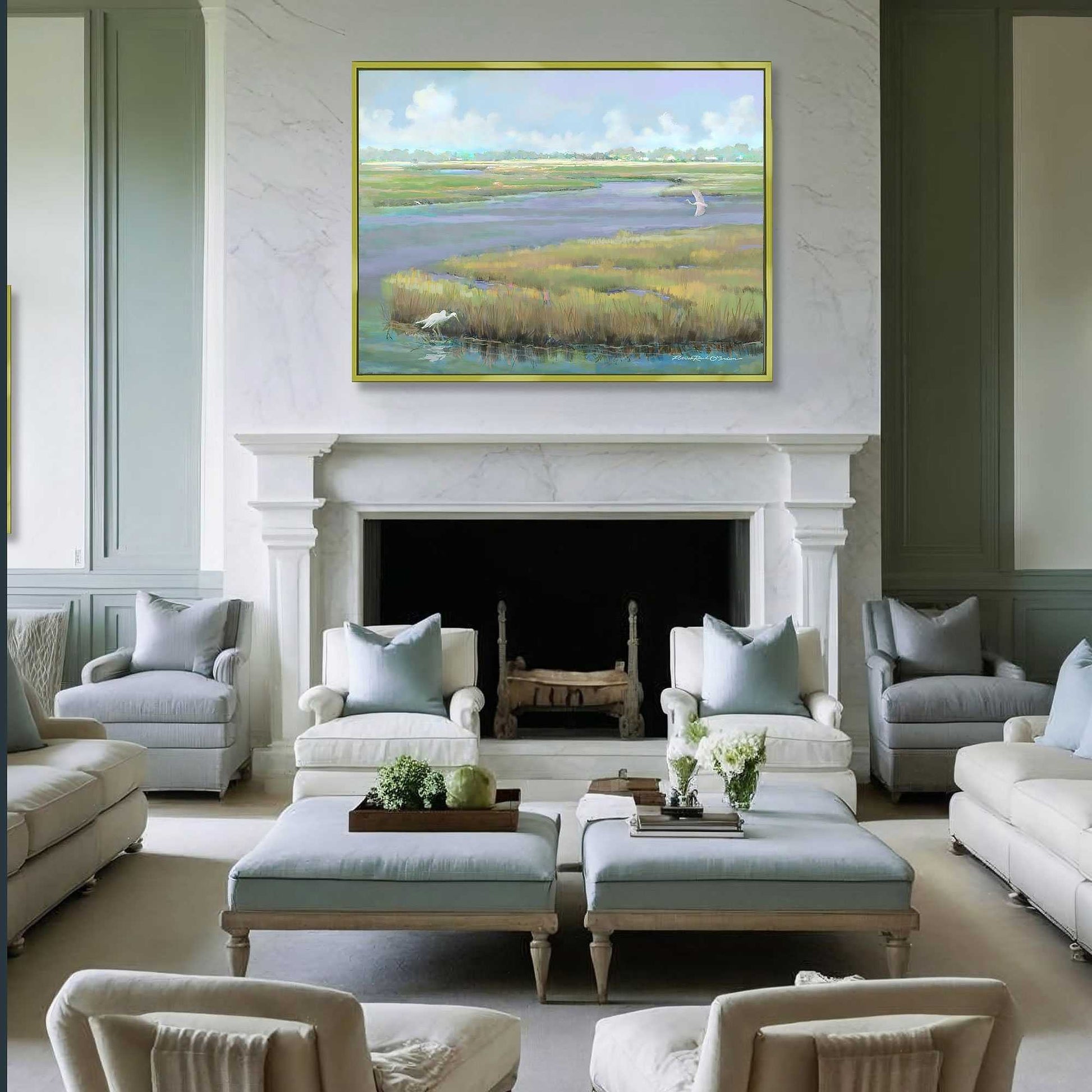 Living room with white furniture, a fireplace, and a painting of a low country marsh landscape by Patrick Reid O'Brien above it.