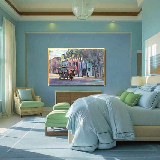 Rainbow Row painting as luxury decor in bedroom, pastel Charleston homes with Southern charm by artist Patrick Reid O’Brien