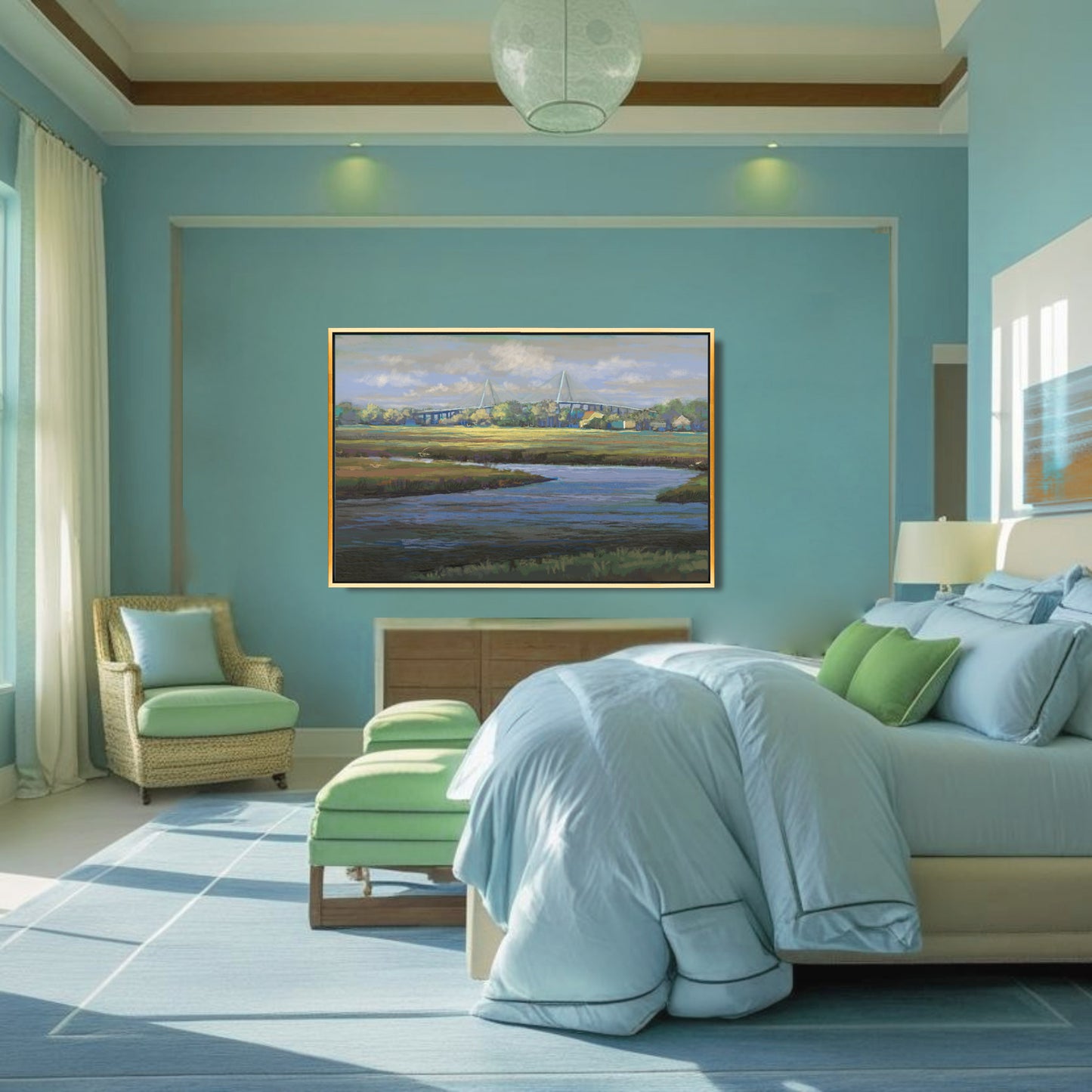 Modern bedroom with light blue walls, a bed with green and blue bedding, and a painting of a landscape on the wall.
