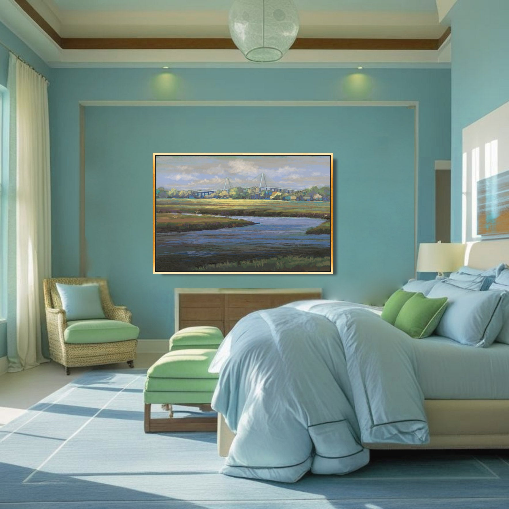 Modern bedroom with light blue walls, a bed with green and blue bedding, and a painting of a landscape on the wall.