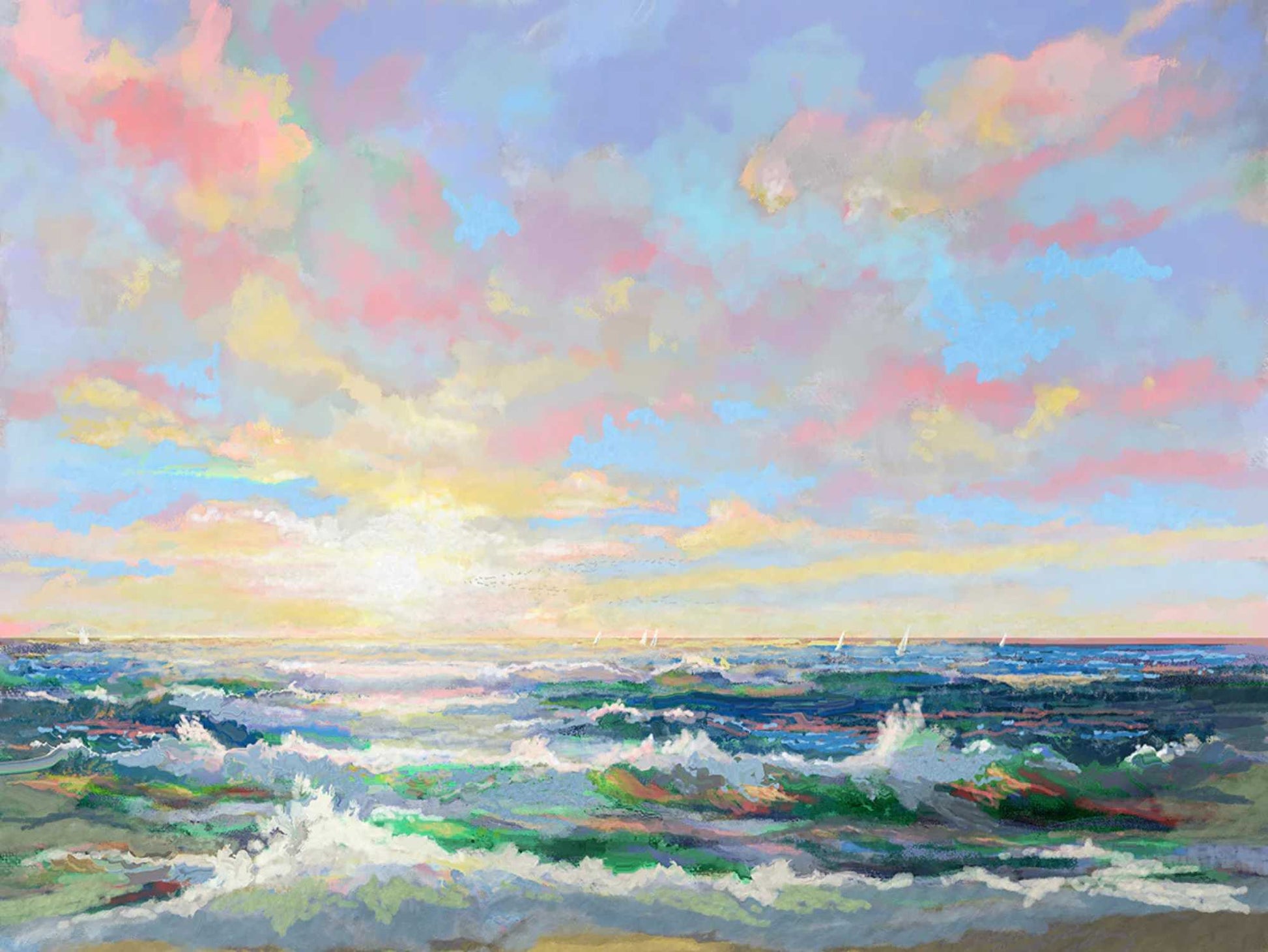Painting of a sunset over the ocean with colorful clouds.