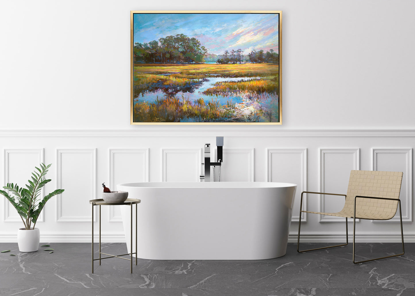 Bathroom in coastal classic form with large marsh landscape over the tub.