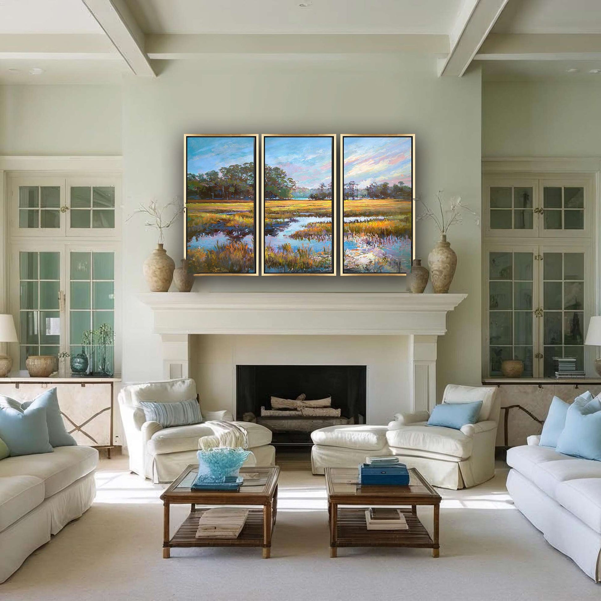 Coastal neutral classic living room with Triptych art of low country morning marsh by Patrick Reid O'Brien.