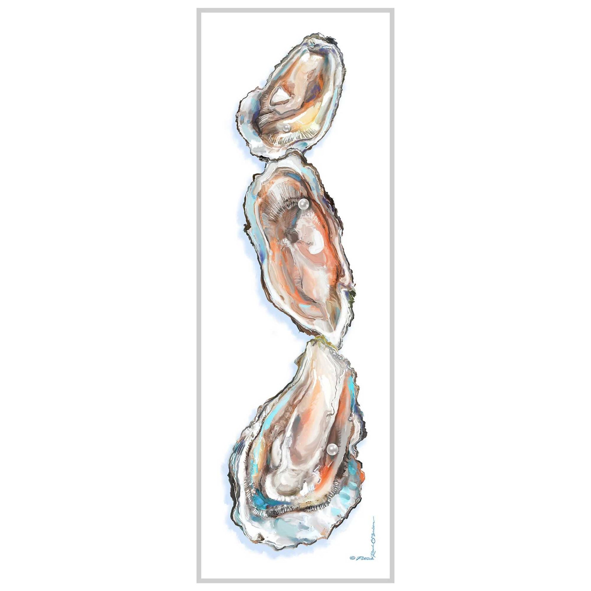 Artistic depiction of three oyster shells on a white background