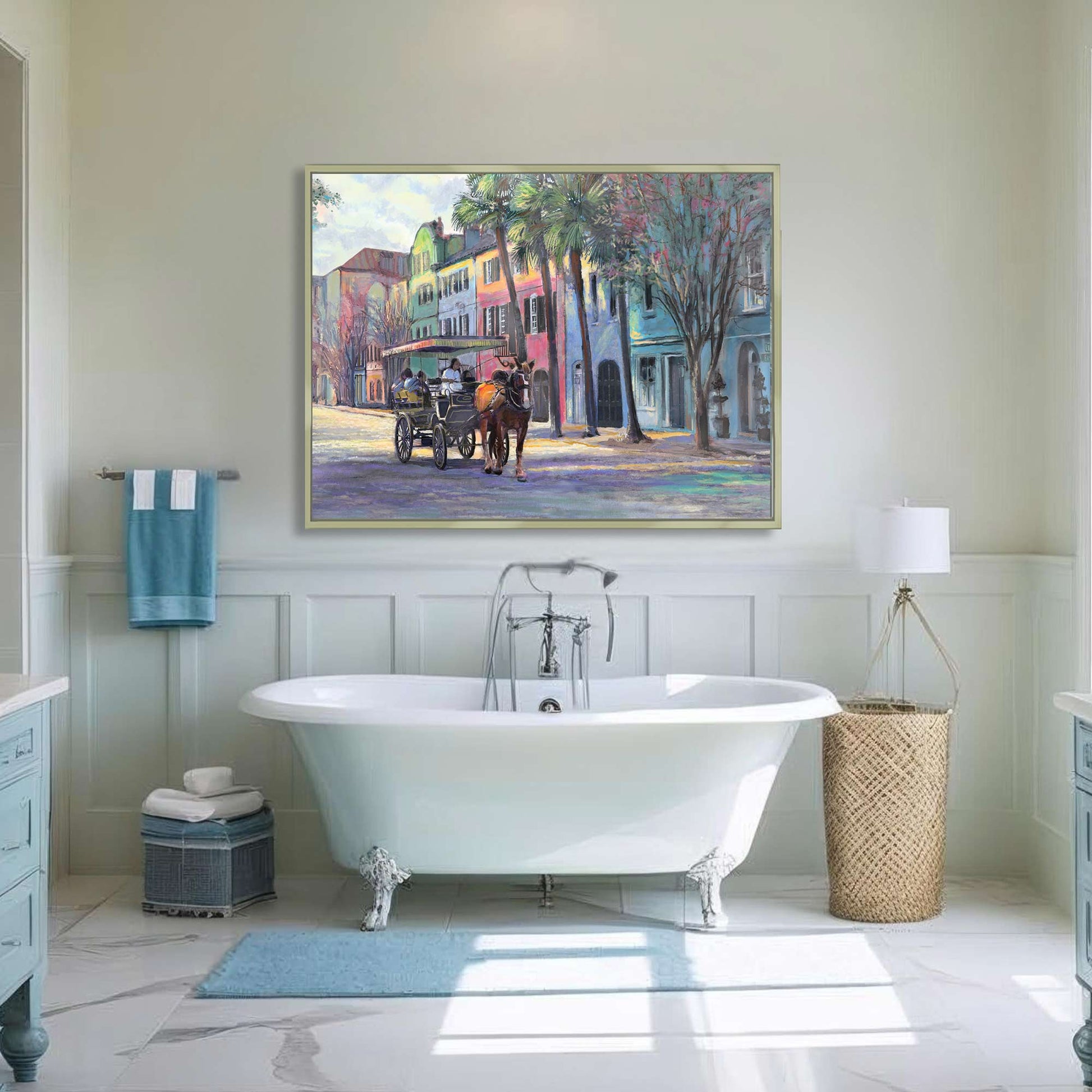 Rainbow Row painting in morning light, pastel Charleston homes with Southern charm as bathroom decor by artist Patrick Reid O’Brien