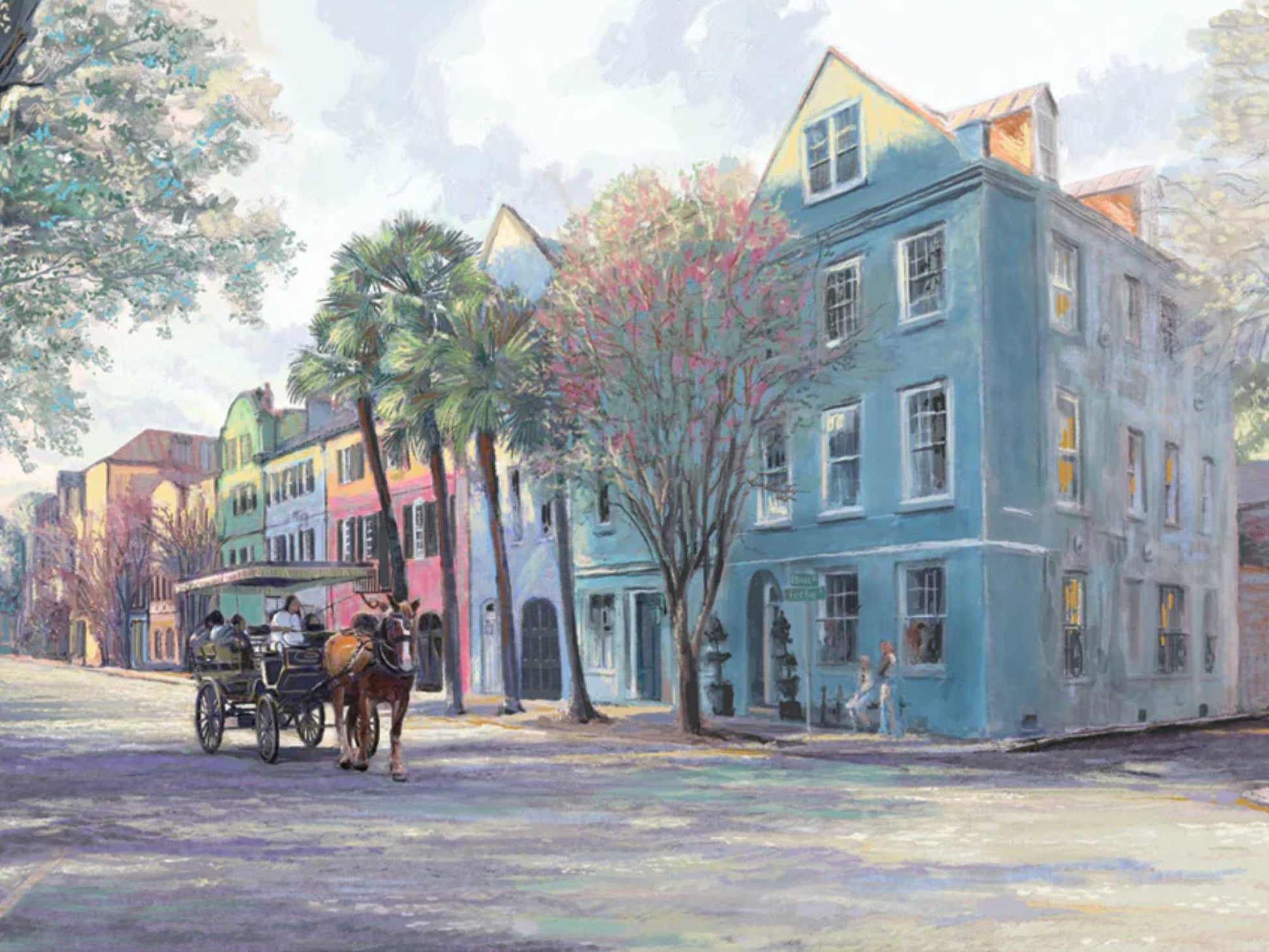 Rainbow Row painting in morning light, pastel Charleston homes with Southern charm by artist Patrick Reid O’Brien.